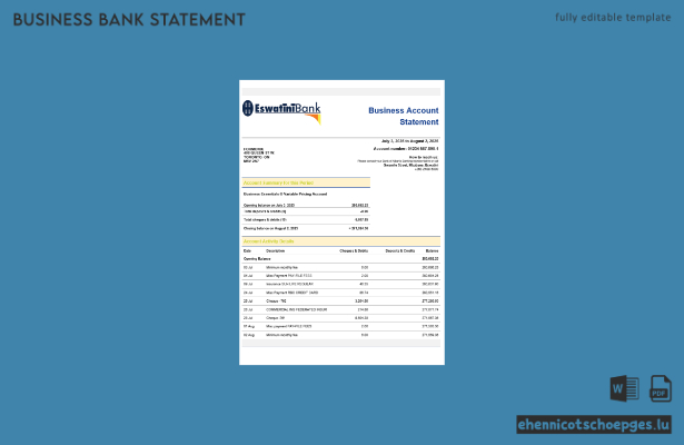Swazibank Limited Firmenkontoauszug (Word- und PDF-Beispiel)
